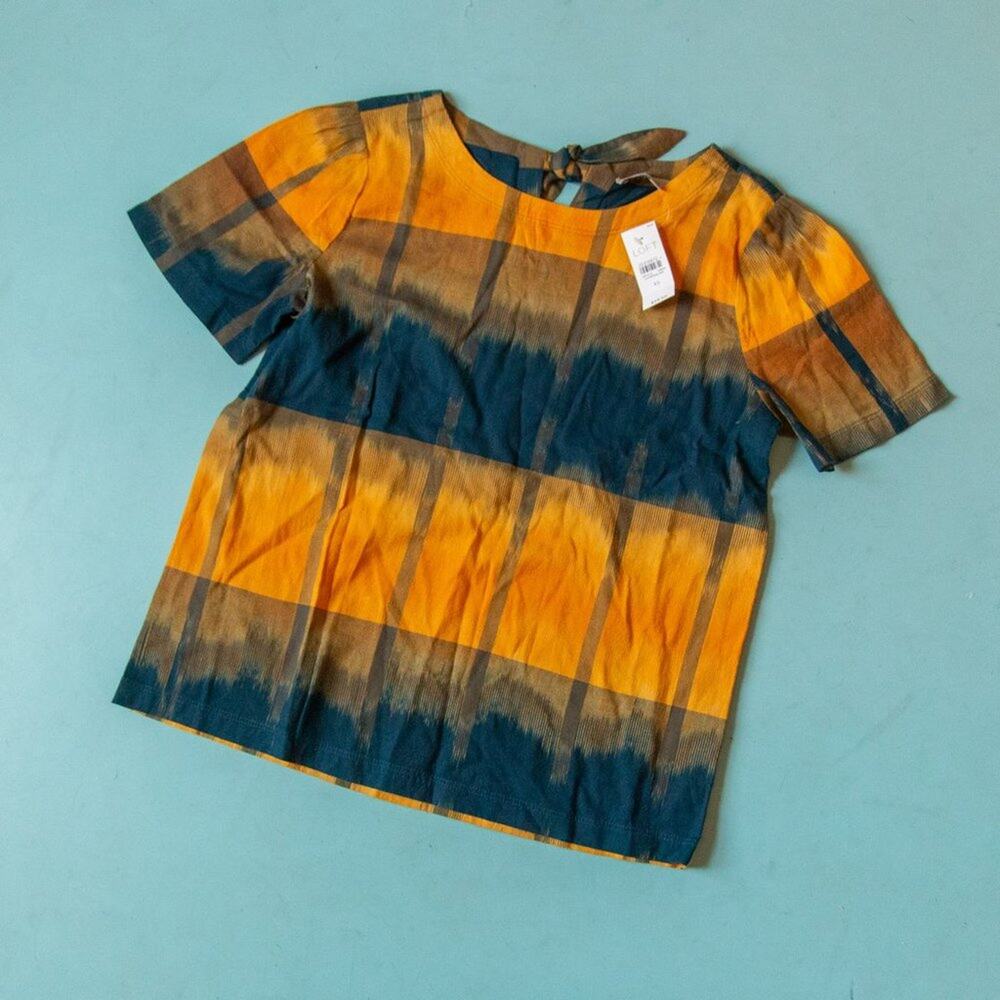 LOFT Mustard Navy Plaid Ombre Tie Boxy Top Size XS NWT Cottagecore 100% Cotton